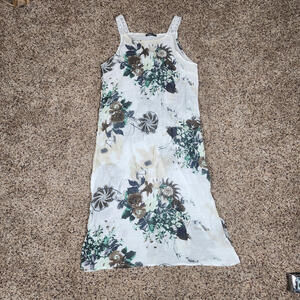 Izuria Linen Midi Dress Floral size L White Green Tan Midi Lined Sleeveless